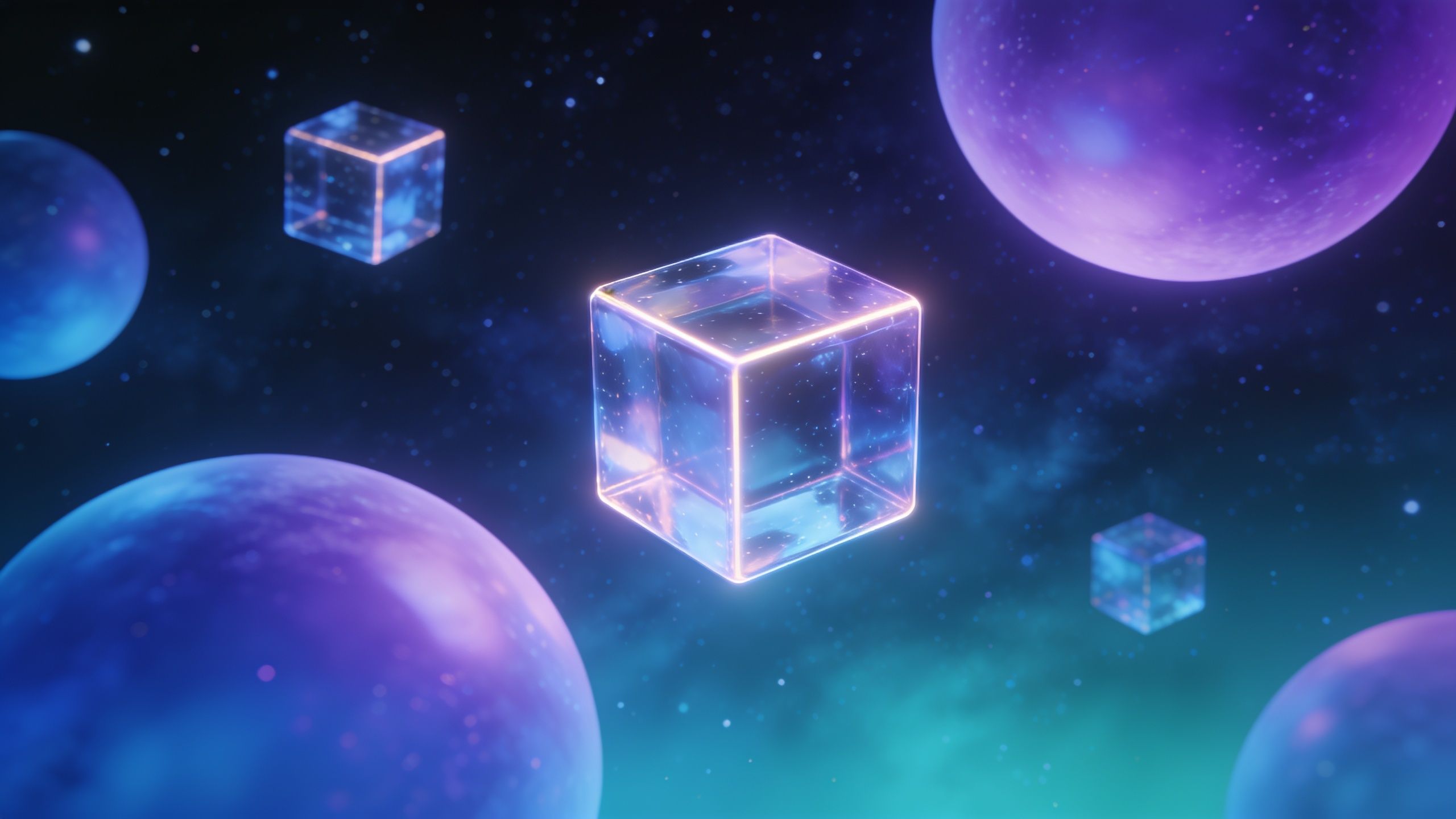 A futuristic scene featuring glowing, transparent cubes floating in a cosmic space setting with vibrant purple and blue planets in the background, creating a serene and otherworldly atmosphere.