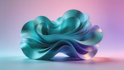 A fluid, abstract teal sculpture with smooth, undulating curves is set against a soft gradient background transitioning from pink to purple, creating a serene and modern atmosphere.