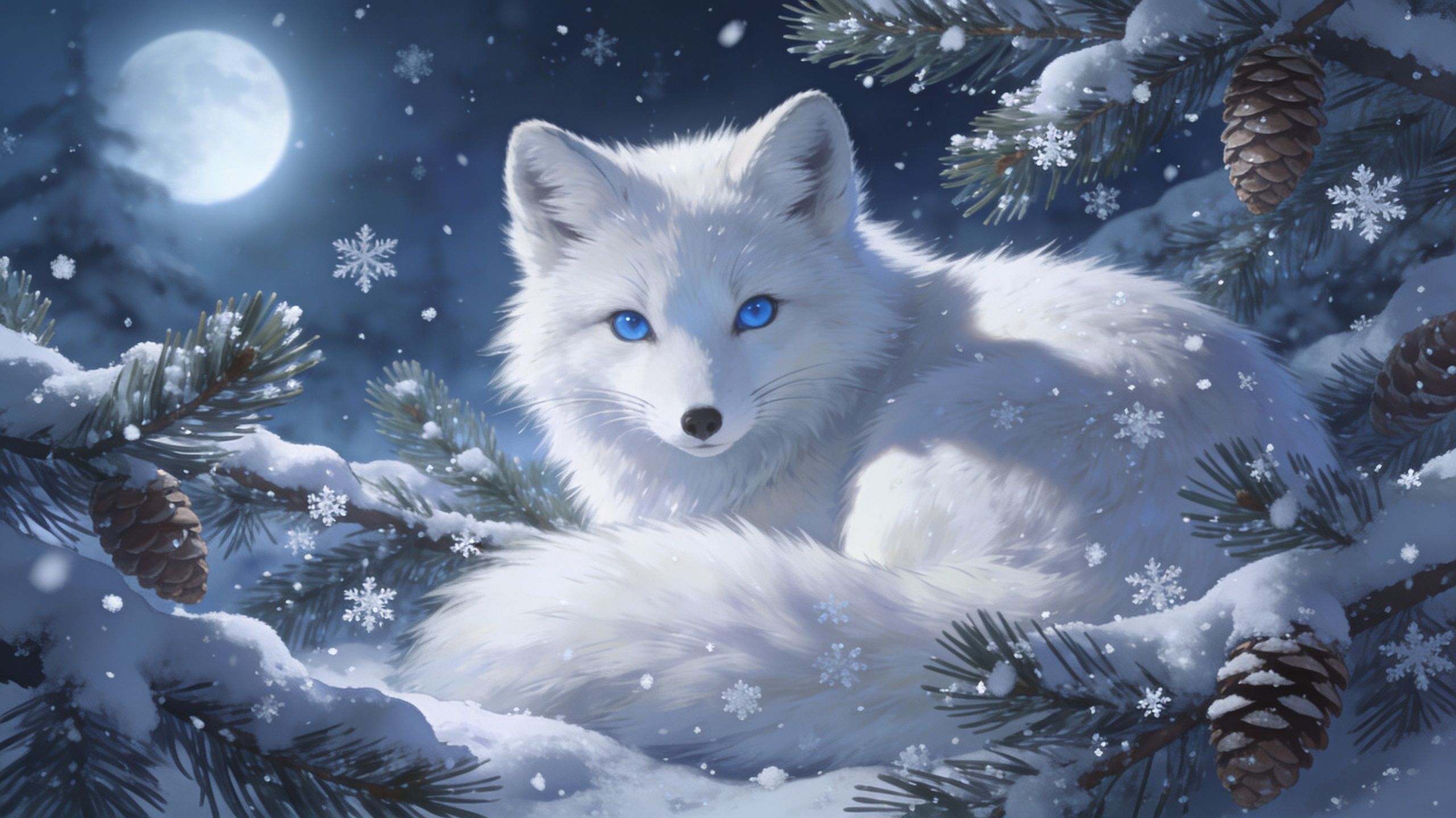 An Arctic fox with striking blue eyes is nestled among snow-covered pine branches, surrounded by gently falling snowflakes under a luminous full moon, creating a serene and magical winter scene.