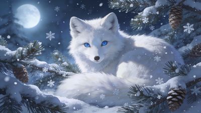 An Arctic fox with striking blue eyes is nestled among snow-covered pine branches, surrounded by gently falling snowflakes under a luminous full moon, creating a serene and magical winter scene.