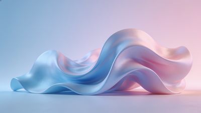 A smooth, flowing wave-like structure in soft pastel shades of blue and pink is illuminated by gentle, diffused light, creating a serene and calming atmosphere.