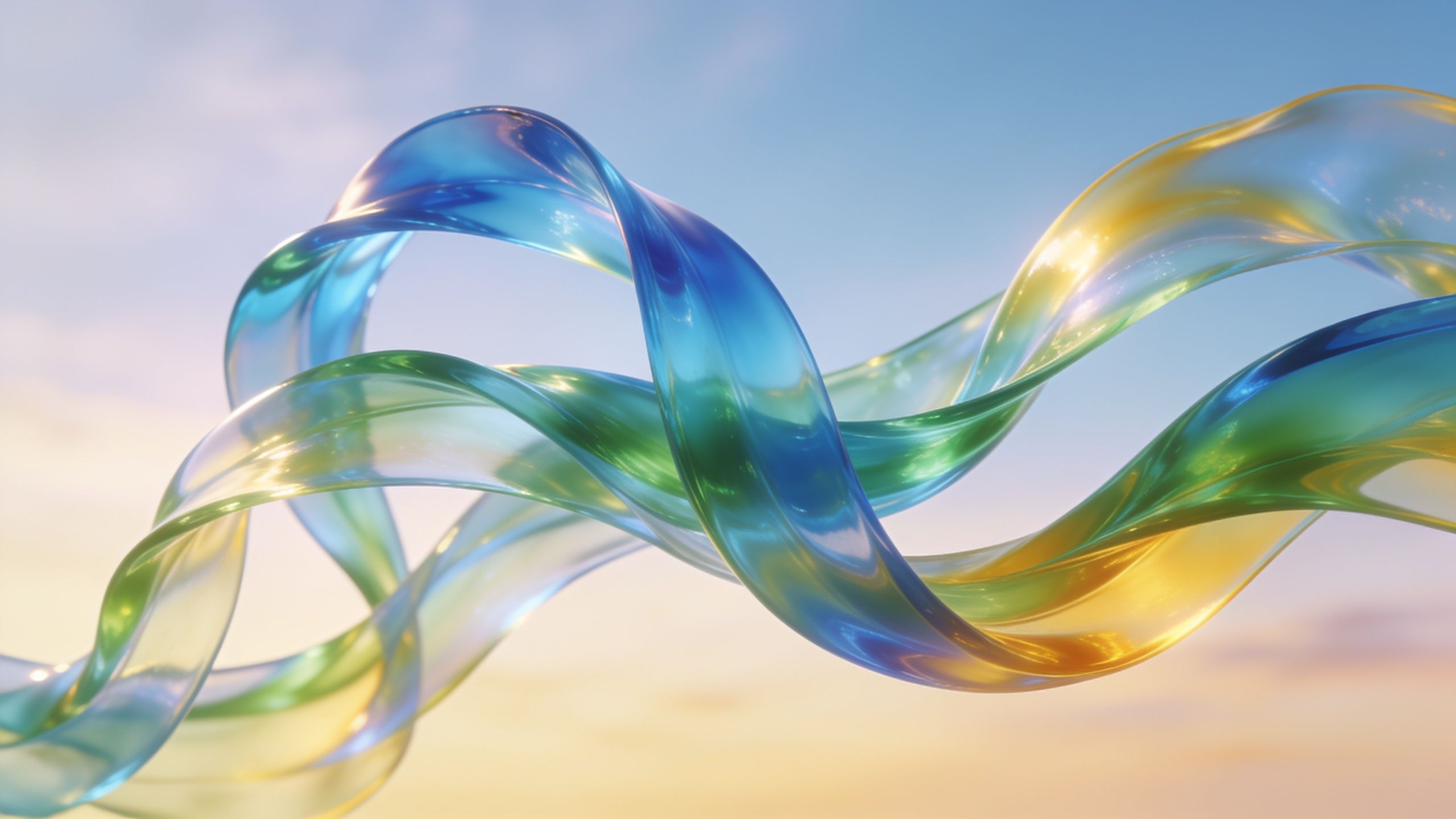 Colorful, translucent ribbons twist gracefully against a clear blue sky, creating a vibrant and uplifting mood with soft sunlight illuminating their curves.