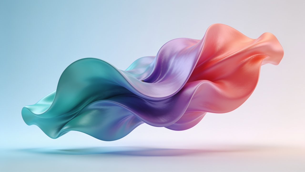 A dynamic composition of flowing, abstract waves in soft pastel hues of blue, purple, and pink, creating a serene and dreamlike atmosphere against a subtle gradient background. The smooth, undulating forms evoke a sense of fluidity and tranquility.
