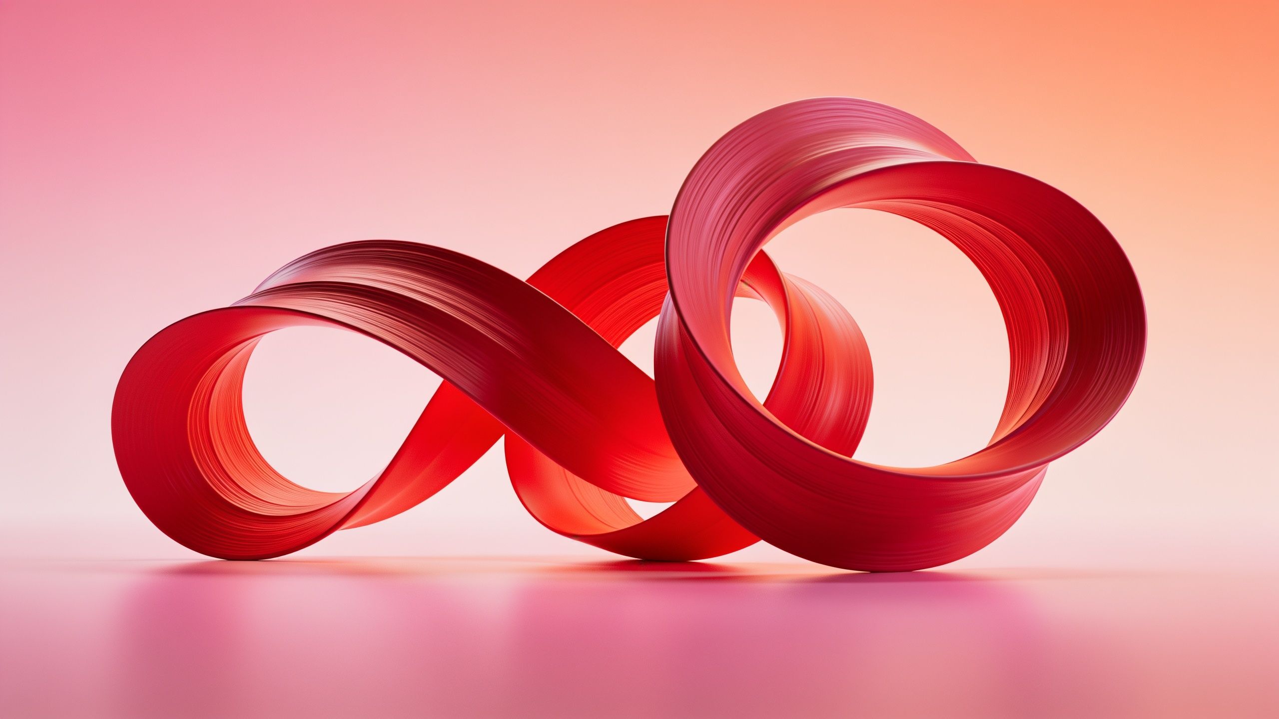A vibrant red abstract ribbon loops gracefully against a soft gradient background of pink and orange hues, creating a dynamic and energetic mood.