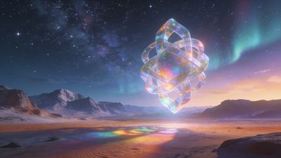 A mesmerizing night sky features a vibrant aurora borealis casting a colorful glow over a serene desert landscape, with a luminous, intricate geometric structure floating in the foreground, creating an ethereal and otherworldly atmosphere.