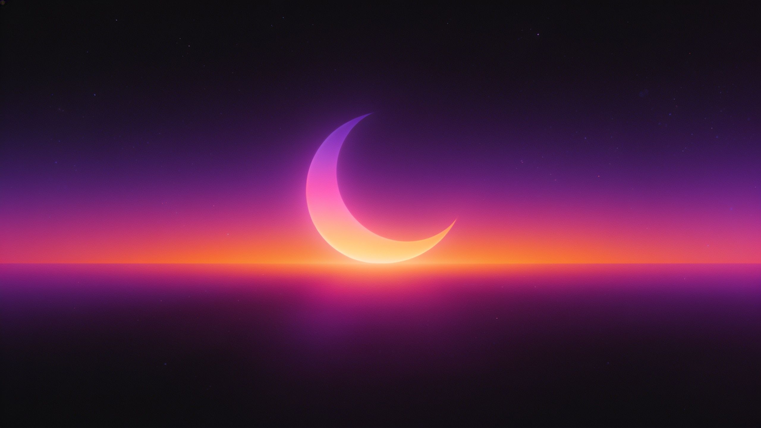 A vibrant crescent moon glows against a gradient sky of deep purple and orange hues, creating a serene and mystical atmosphere over the horizon.