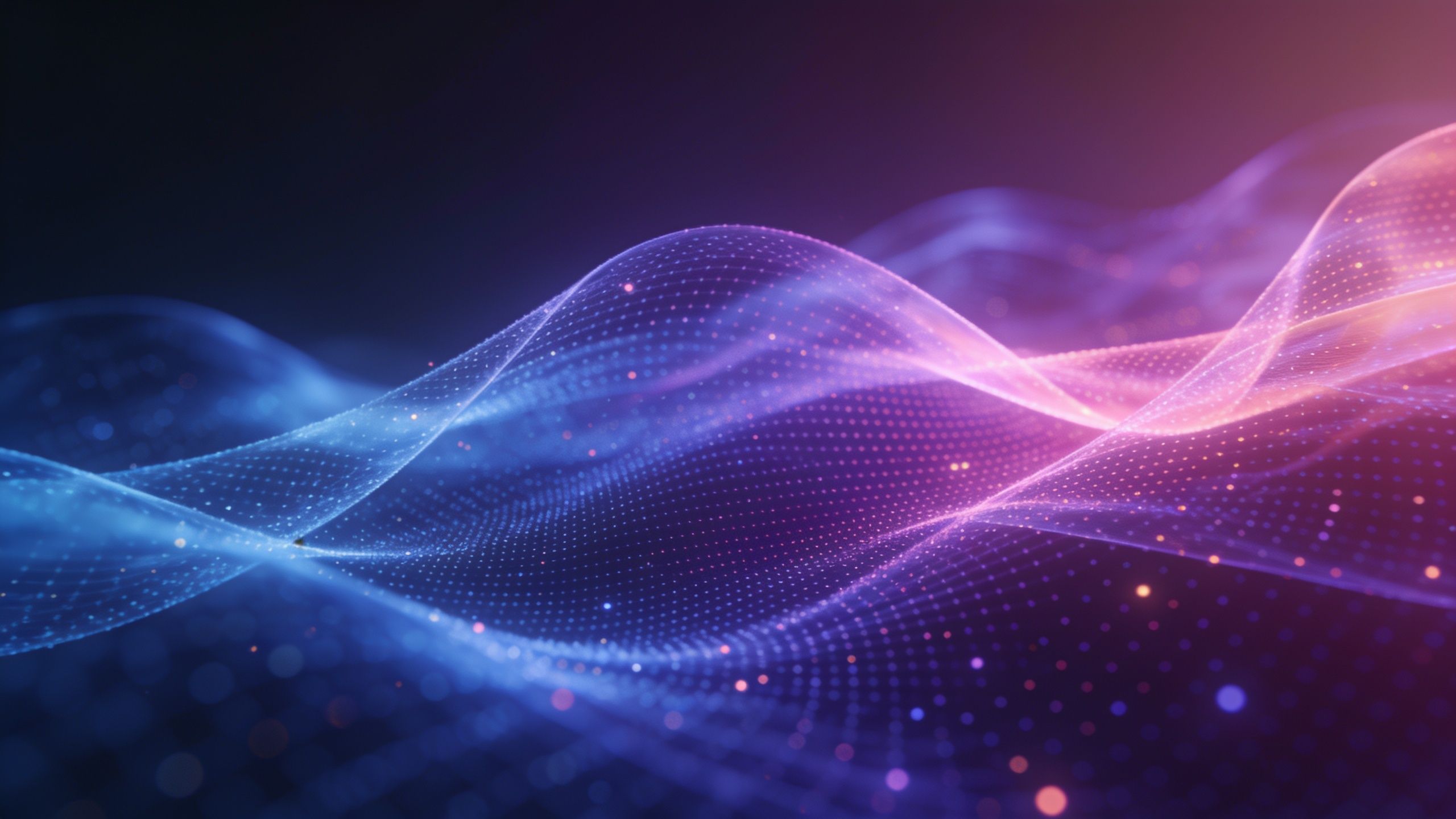 A dynamic abstract wallpaper featuring flowing waves of vibrant blue and purple hues, interspersed with glowing dots, creating a sense of motion and energy against a dark background.