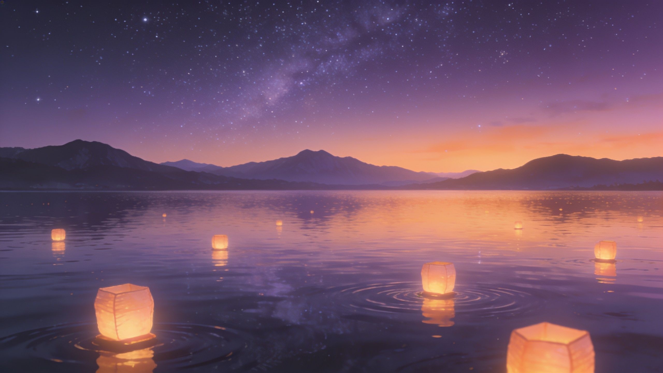 A tranquil night scene features glowing lanterns floating on a calm lake under a starry sky, with distant mountains silhouetted against a warm, dusky horizon, creating a serene and peaceful atmosphere.