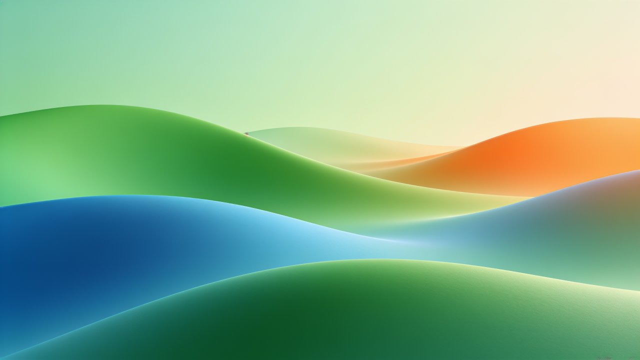 A vibrant abstract wallpaper featuring smooth, flowing waves in a harmonious gradient of blue, green, and orange hues, creating a serene and dynamic visual effect. The gentle curves and soft transitions evoke a sense of calm and balance.