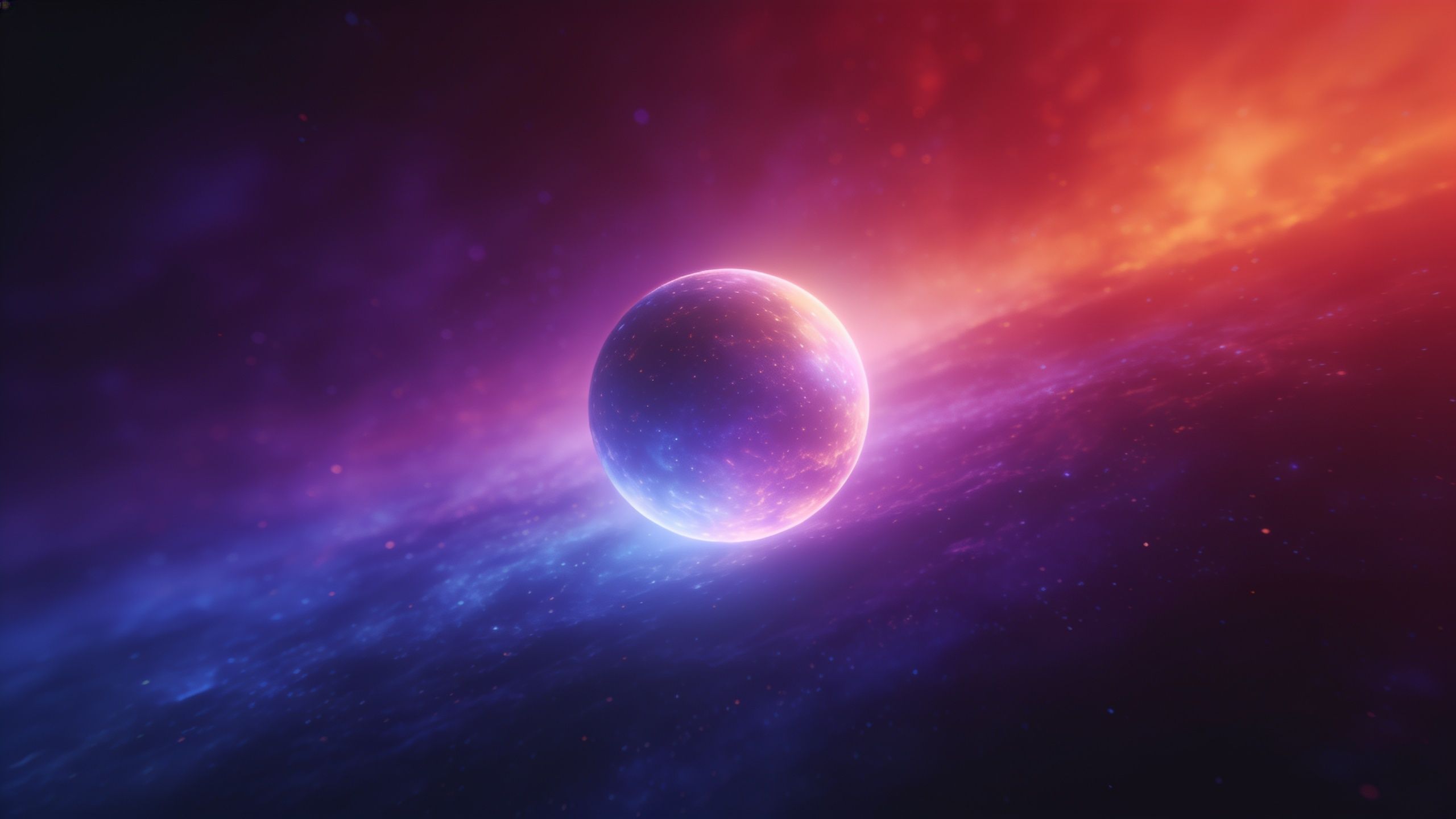 A luminous planet glows vibrantly in a cosmic nebula, surrounded by swirling clouds of purple, blue, and orange hues, creating a serene and otherworldly atmosphere.