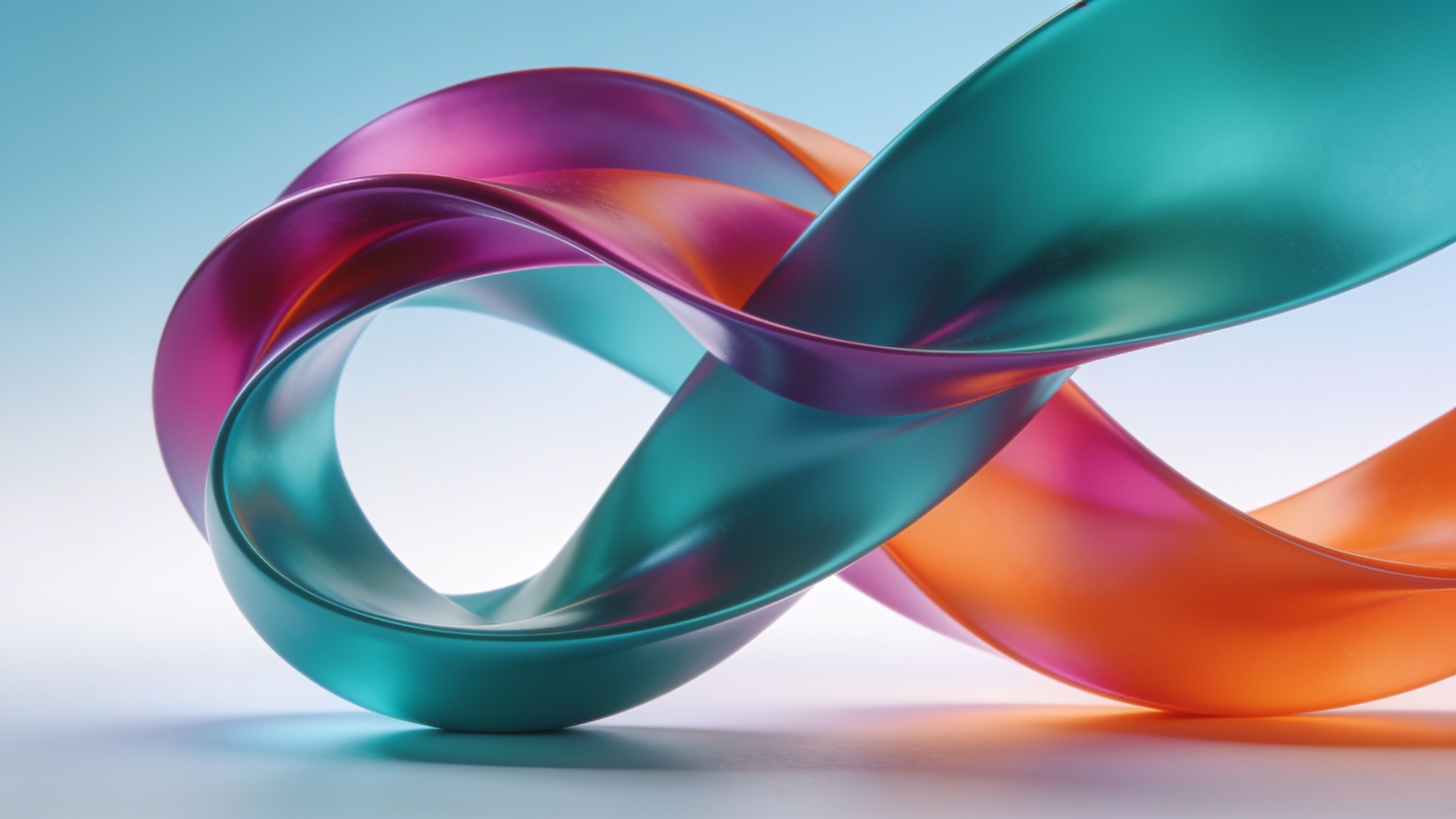 A vibrant abstract design featuring intertwined ribbons in shades of teal, purple, and orange against a soft gradient blue background, creating a dynamic and energetic mood.