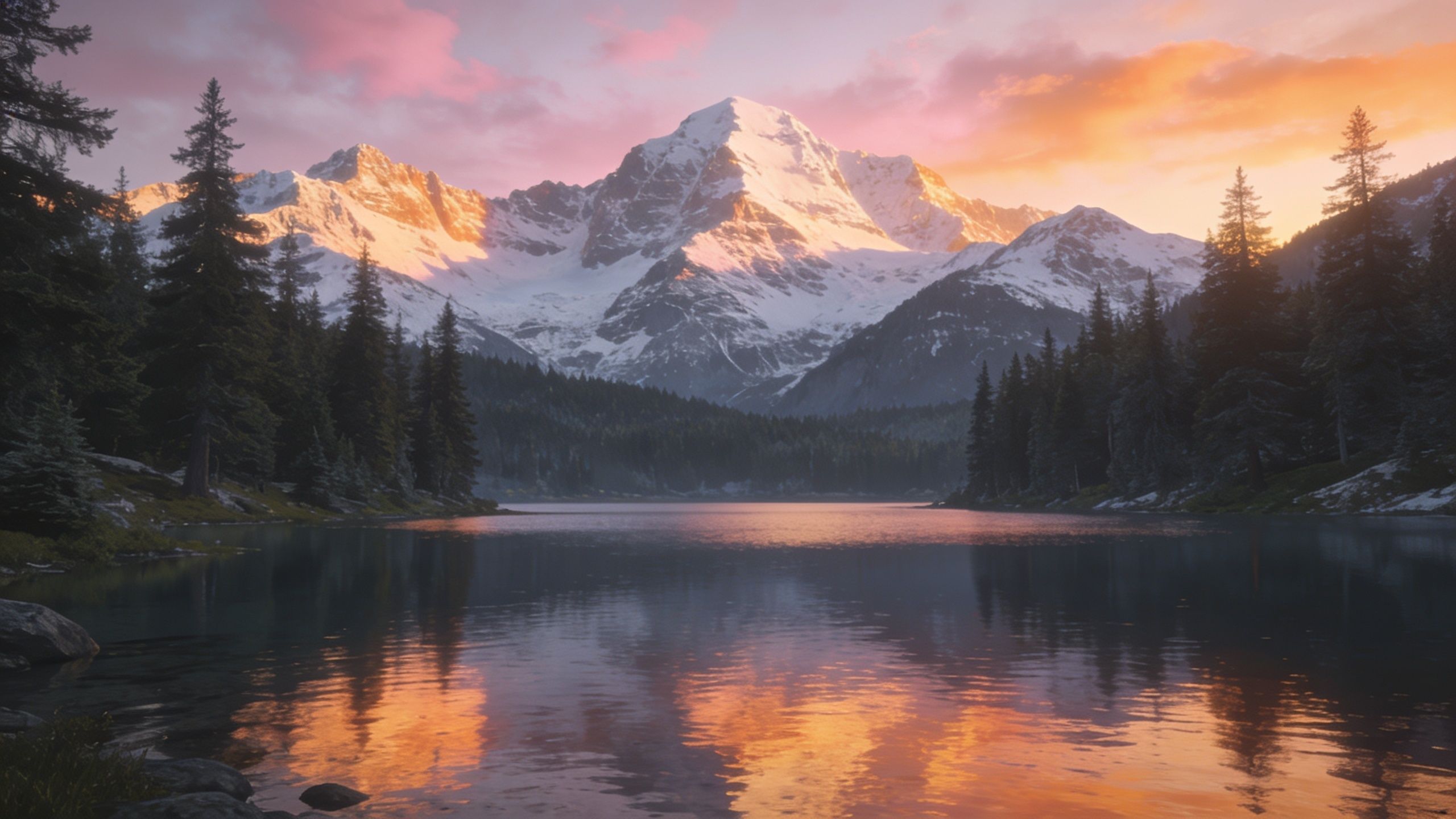 A majestic snow-capped mountain is bathed in the warm hues of a sunset, reflecting in a tranquil lake surrounded by dense evergreen trees, creating a serene and peaceful atmosphere.