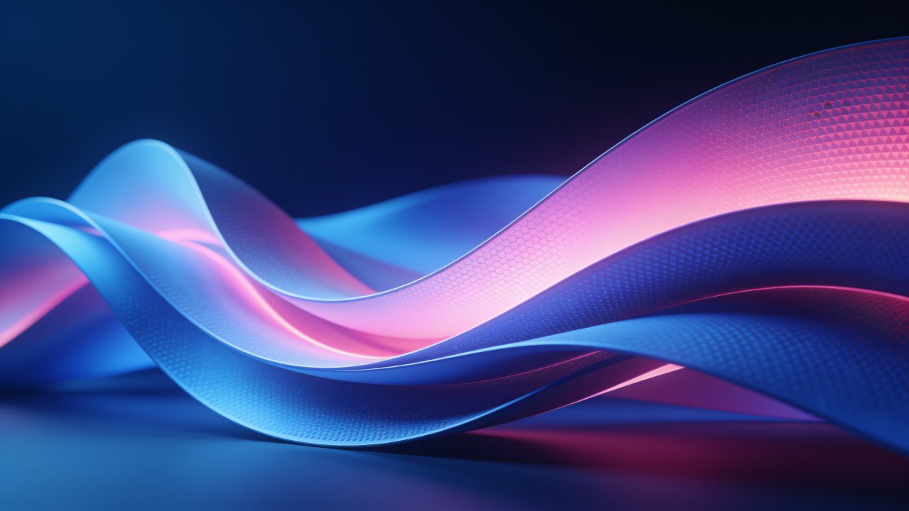 A dynamic abstract wallpaper featuring vibrant neon waves in shades of blue and pink, flowing gracefully against a dark background, creating a sense of motion and energy. The smooth curves and glowing colors evoke a futuristic and lively mood.