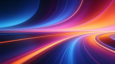 A dynamic abstract wallpaper featuring vibrant, flowing curves in shades of blue, pink, and orange, creating a sense of motion and energy. The smooth, sweeping lines evoke a futuristic and lively atmosphere.