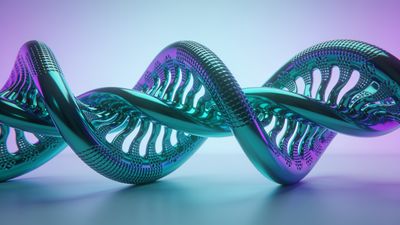 A futuristic metallic DNA helix with intricate, reflective surfaces is set against a soft gradient background of blue and purple hues, creating a sleek and modern atmosphere.