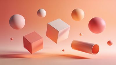 Floating geometric shapes, including spheres, cubes, and a cylinder, hover against a soft peach background, creating a serene and modern atmosphere.