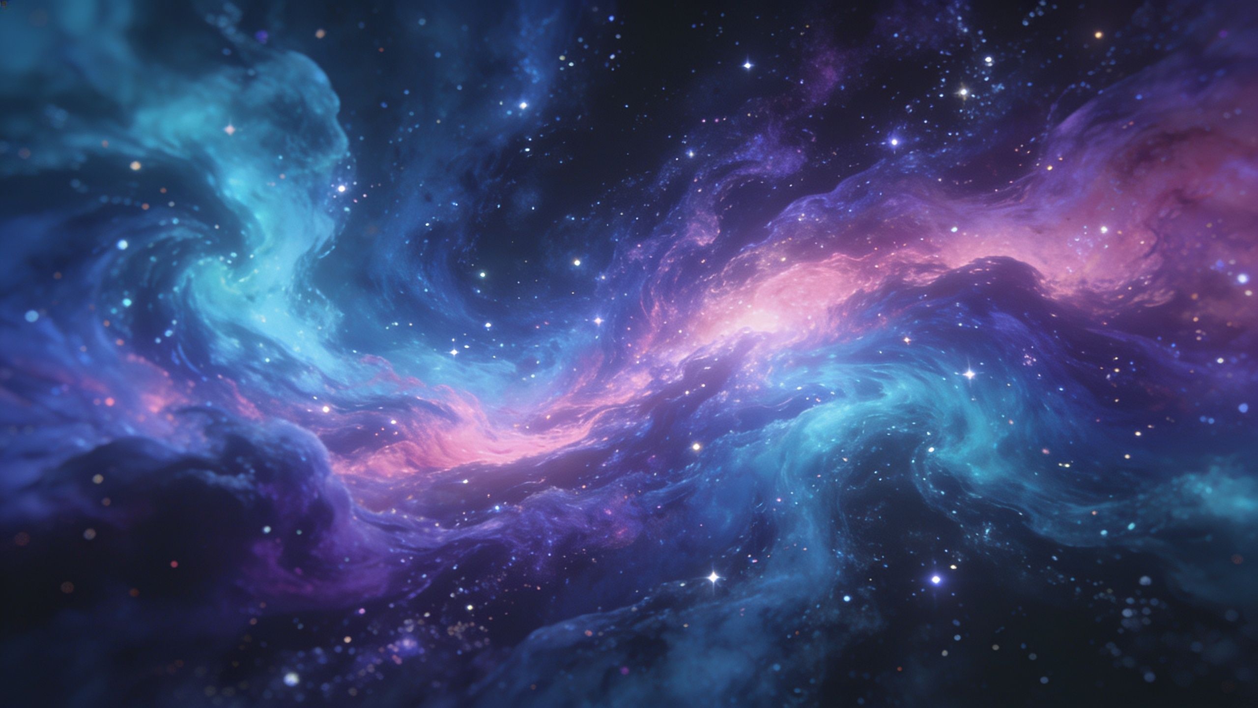 A vibrant cosmic scene featuring swirling nebulas in shades of blue, purple, and pink, set against a backdrop of twinkling stars, creating a serene and otherworldly atmosphere.