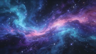 A vibrant cosmic scene featuring swirling nebulas in shades of blue, purple, and pink, set against a backdrop of twinkling stars, creating a serene and otherworldly atmosphere.