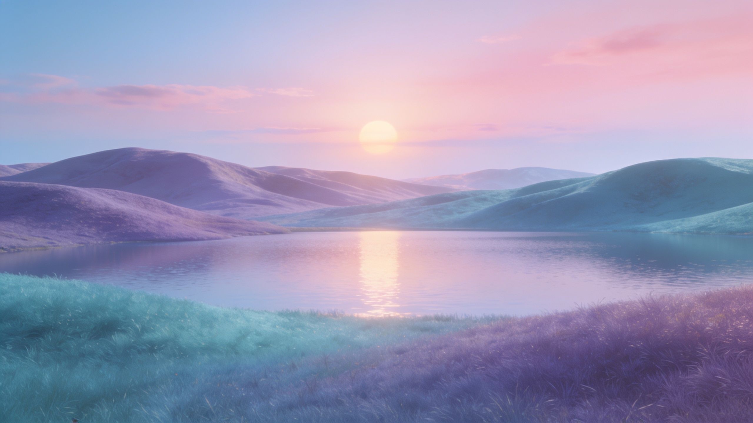 A serene pastel sunset casts soft pink and purple hues over a tranquil lake, surrounded by gently rolling hills, creating a peaceful and calming atmosphere.