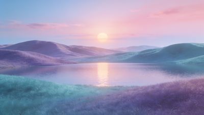 A serene pastel sunset casts soft pink and purple hues over a tranquil lake, surrounded by gently rolling hills, creating a peaceful and calming atmosphere.