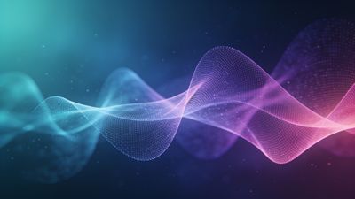 A dynamic and colorful abstract design featuring undulating waves of light in shades of blue, purple, and pink, set against a dark background, creating a sense of fluid motion and energy.