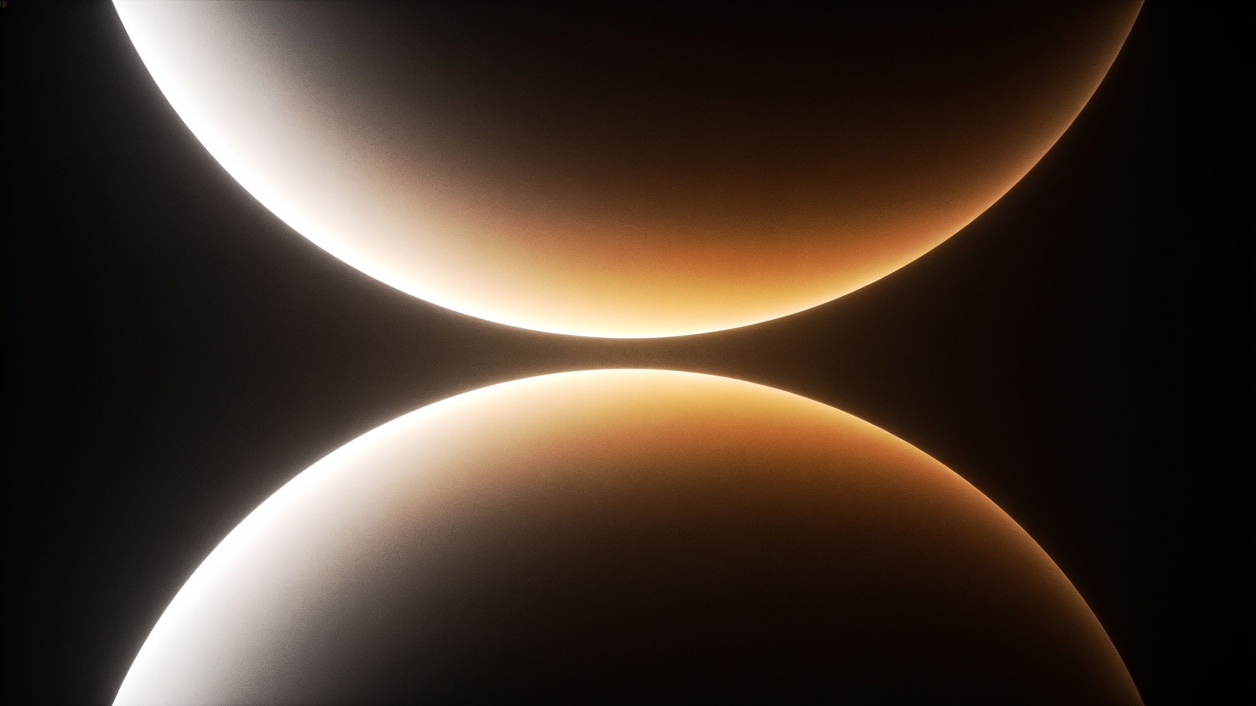 A surreal scene depicting two overlapping celestial bodies, each emitting a soft, ethereal glow against a dark background, creating a tranquil and otherworldly atmosphere.