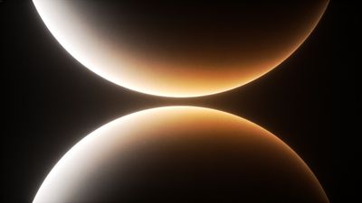 A surreal scene depicting two overlapping celestial bodies, each emitting a soft, ethereal glow against a dark background, creating a tranquil and otherworldly atmosphere.