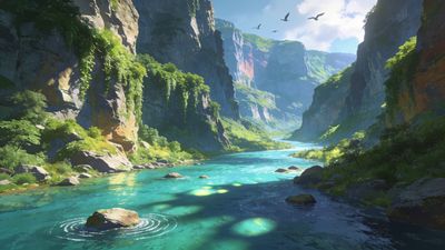 A tranquil river winds through a majestic canyon, surrounded by towering cliffs and lush greenery under a bright blue sky, creating a peaceful and serene atmosphere.