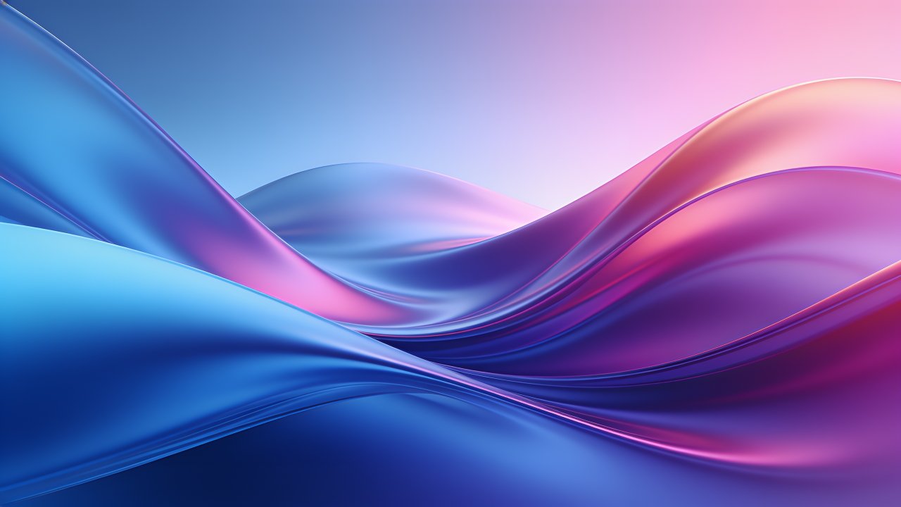 A dynamic abstract wallpaper featuring flowing waves in vibrant blue and pink hues, creating a sense of movement and energy against a soft gradient background. The composition evokes a modern and tranquil mood, with smooth, glossy textures that enhance its visual appeal.
