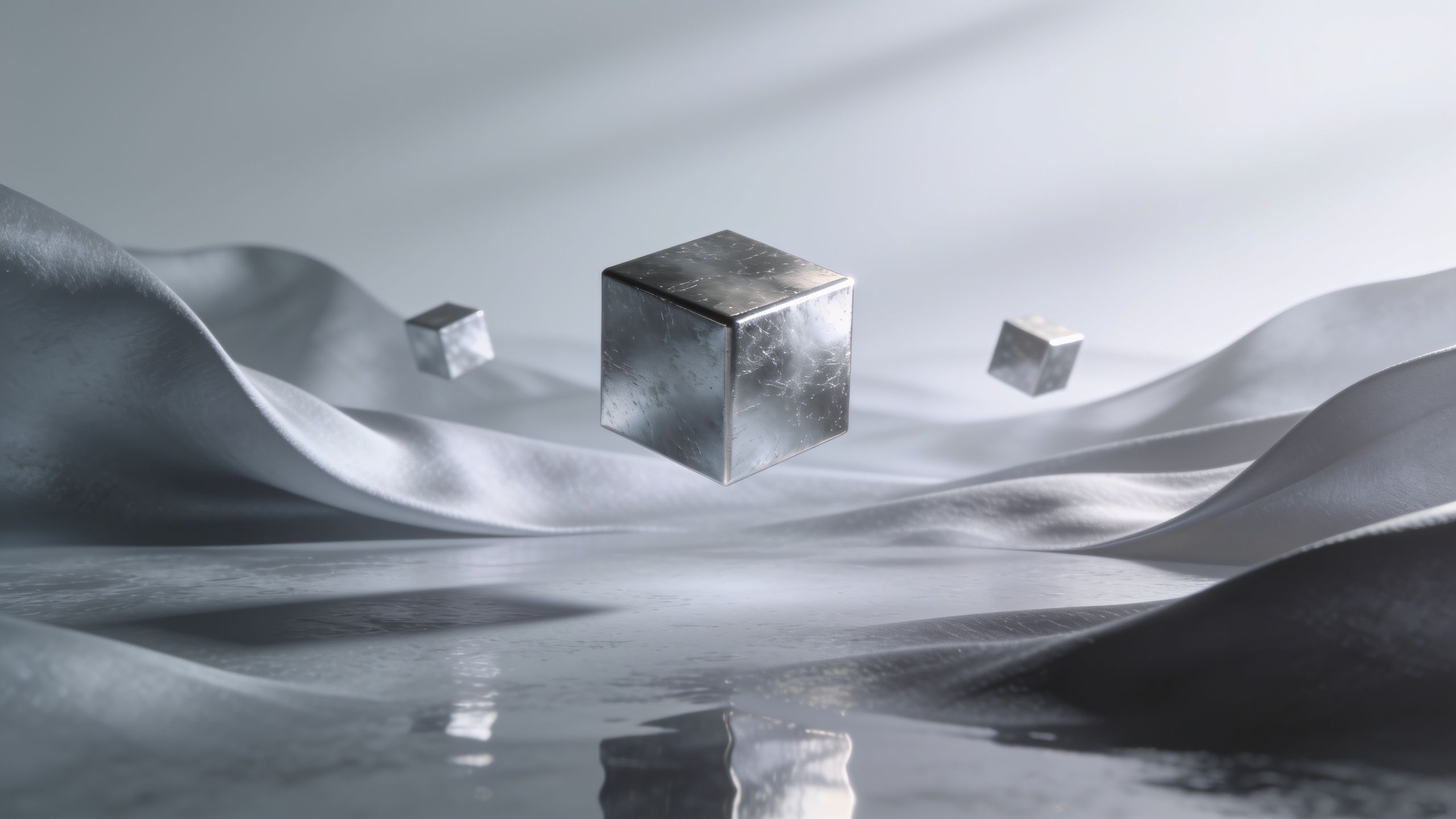 Floating metallic cubes hover above smooth, undulating silky waves, creating a serene and futuristic atmosphere with a minimalist aesthetic.
