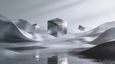 Floating metallic cubes hover above smooth, undulating silky waves, creating a serene and futuristic atmosphere with a minimalist aesthetic.