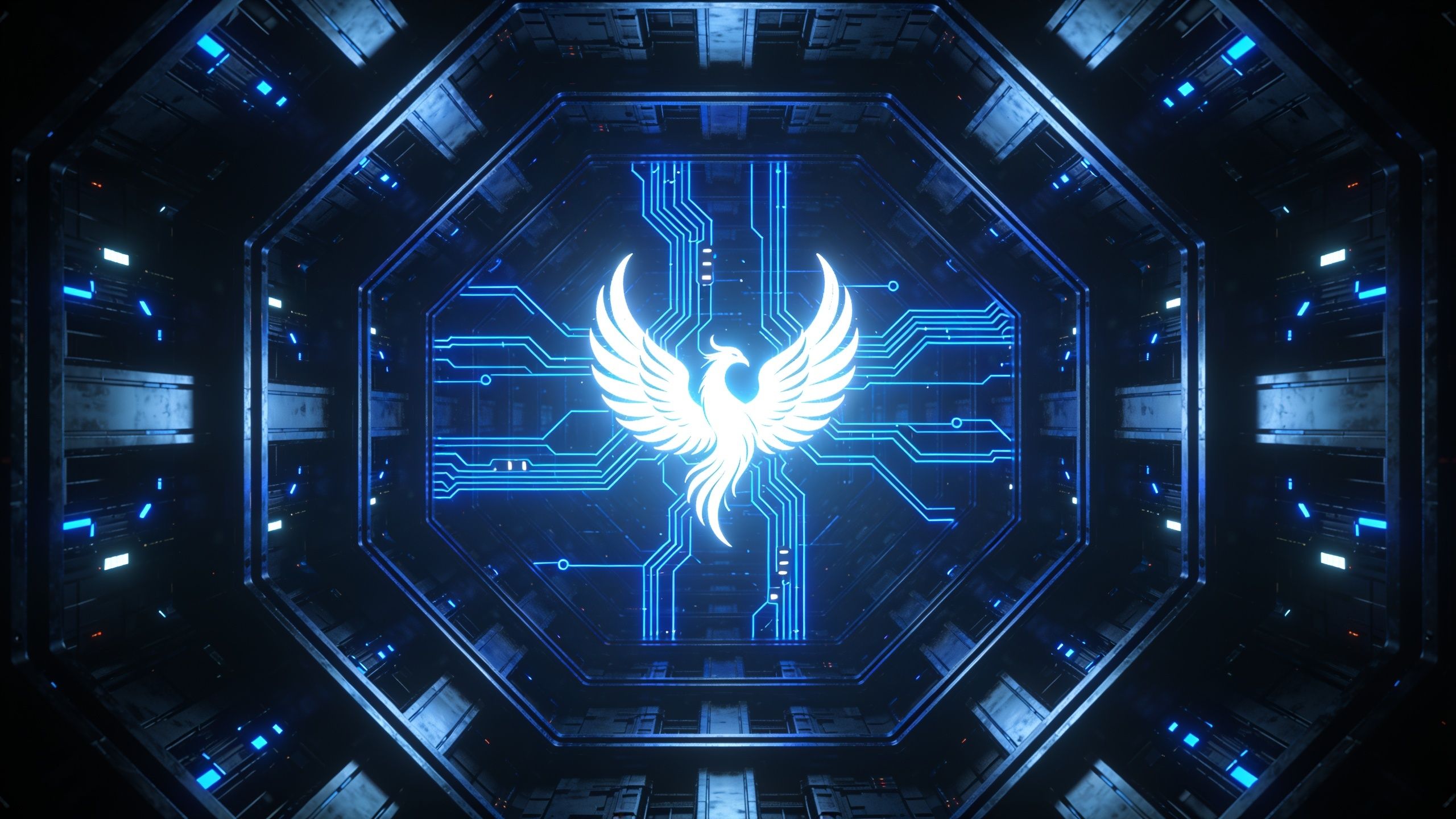 A glowing white phoenix with outstretched wings is integrated into a complex network of neon blue circuitry, set against a futuristic, dark metallic background, creating a dynamic and high-tech atmosphere.