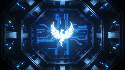 A glowing white phoenix with outstretched wings is integrated into a complex network of neon blue circuitry, set against a futuristic, dark metallic background, creating a dynamic and high-tech atmosphere.