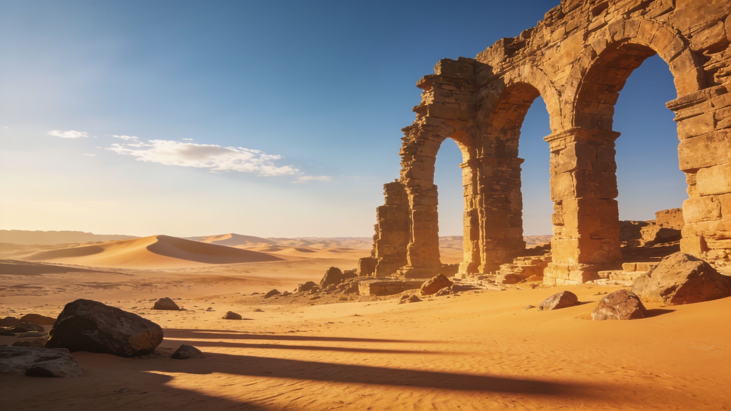 A series of ancient stone arches stand majestically in a vast desert landscape, bathed in the warm, golden glow of a setting sun, casting long shadows across the sand dunes and creating a serene, timeless atmosphere.