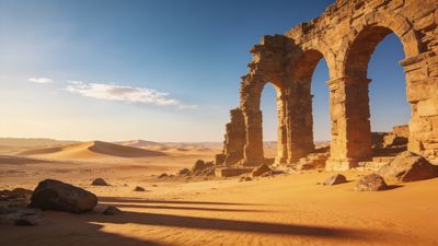 A series of ancient stone arches stand majestically in a vast desert landscape, bathed in the warm, golden glow of a setting sun, casting long shadows across the sand dunes and creating a serene, timeless atmosphere.