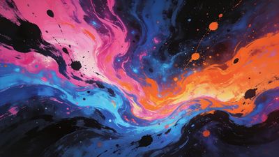 A dynamic cosmic swirl of vibrant colors, including pink, blue, orange, and black, creates an abstract and energetic scene that evokes the vastness and mystery of the universe. The swirling patterns and splatters suggest motion and depth, enhancing the wallpaper's lively and immersive mood.