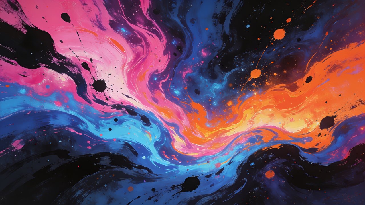 A dynamic cosmic swirl of vibrant colors, including pink, blue, orange, and black, creates an abstract and energetic scene that evokes the vastness and mystery of the universe. The swirling patterns and splatters suggest motion and depth, enhancing the wallpaper's lively and immersive mood.