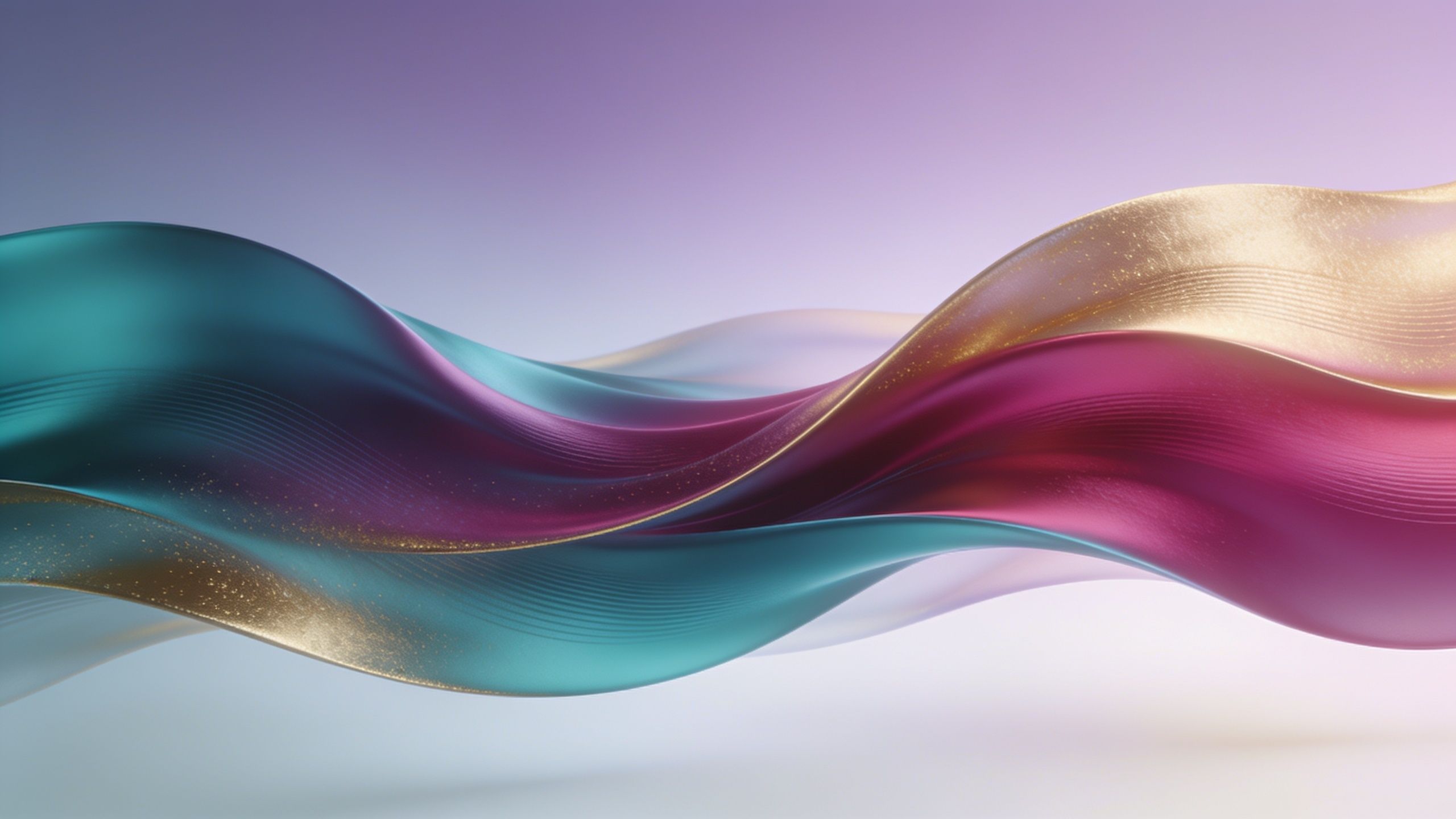 Abstract waves in vibrant teal, magenta, and gold flow gracefully across a soft gradient background, creating a dynamic and elegant mood with shimmering golden highlights.