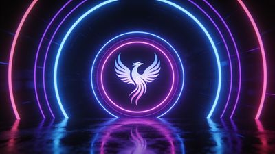 A neon phoenix with outstretched wings is centered within vibrant, glowing concentric circles of blue, purple, and pink, creating a futuristic and dynamic atmosphere. The reflective floor enhances the luminous effect, adding to the wallpaper's energetic and mystical mood.