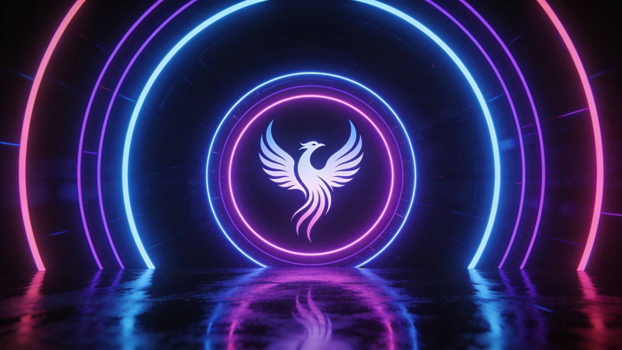 A neon phoenix with outstretched wings is centered within vibrant, glowing concentric circles of blue, purple, and pink, creating a futuristic and dynamic atmosphere. The reflective floor enhances the luminous effect, adding to the wallpaper's energetic and mystical mood.