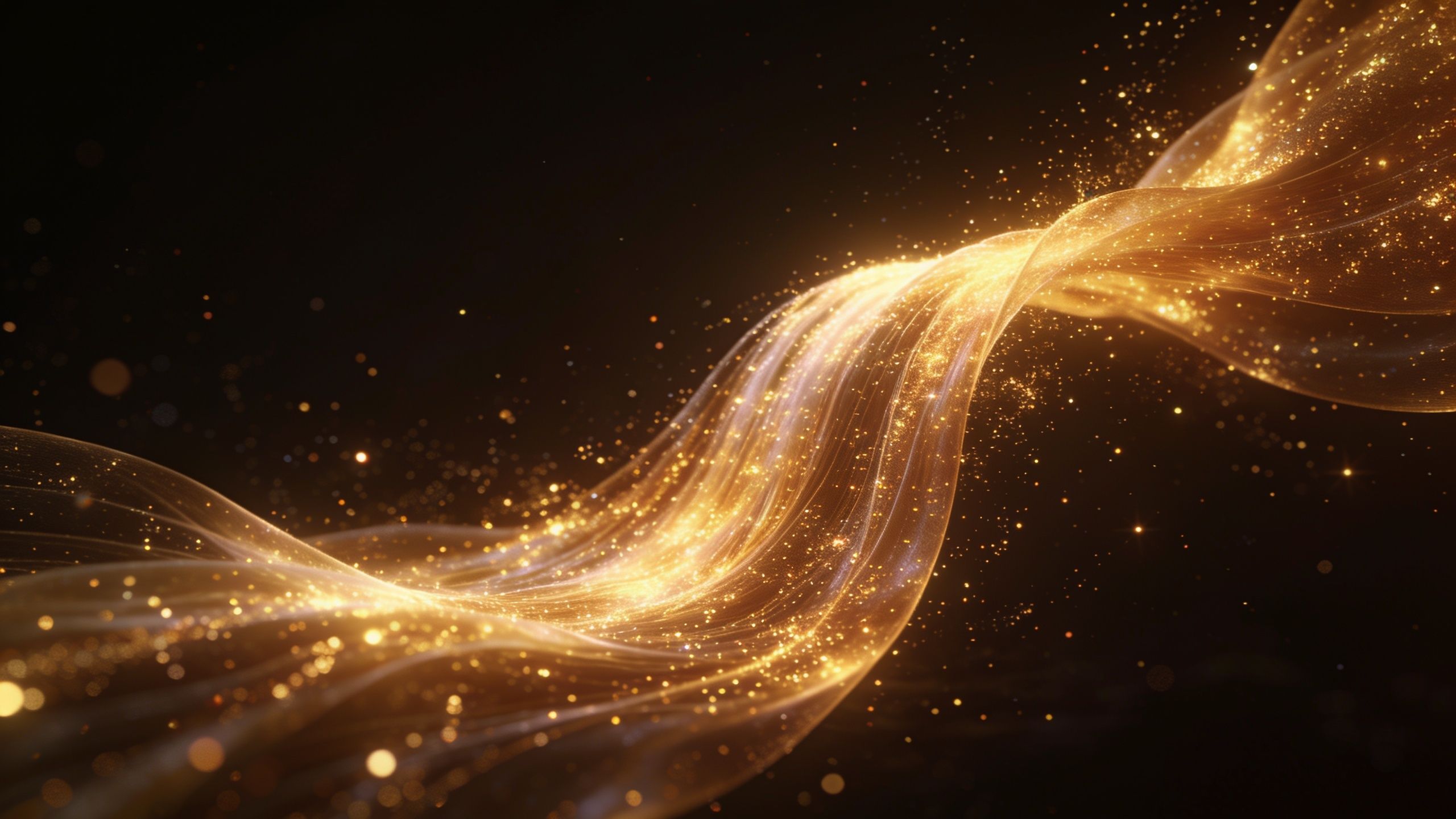 A dynamic scene of shimmering golden light waves flowing gracefully across a dark background, creating a sense of movement and elegance with a warm, ethereal glow.
