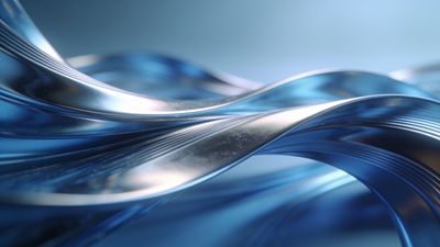 A close-up view of elegant, flowing blue metallic waves creates a serene and futuristic atmosphere, with the smooth, reflective surfaces catching light in a way that enhances their fluid motion. The overall mood is calming and sophisticated, evoking a sense of modern elegance.