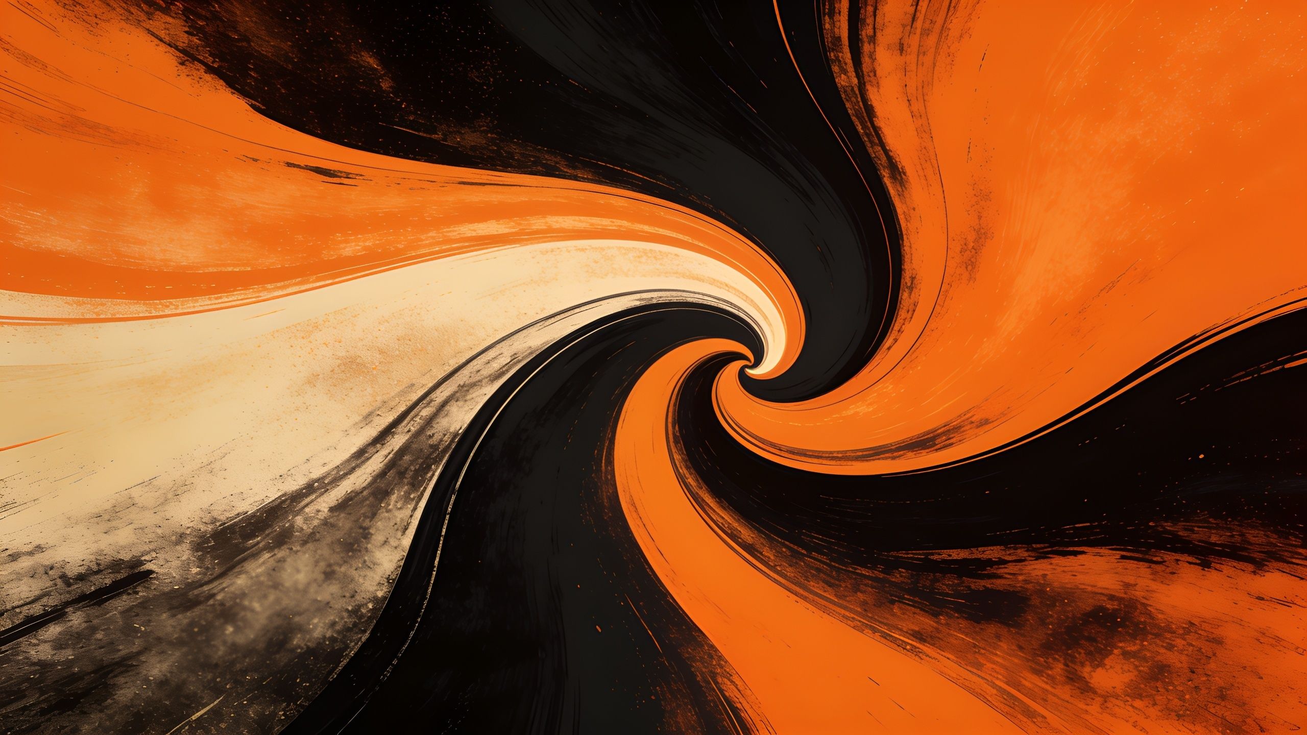 A dynamic abstract design featuring swirling patterns of vibrant orange and deep black, creating a sense of motion and energy. The contrasting colors and fluid shapes evoke a bold and dramatic mood.