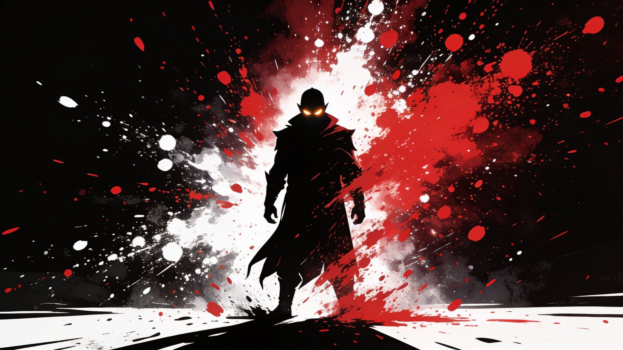 A silhouetted warrior stands boldly in the center, surrounded by dynamic splashes of red, white, and black, creating a dramatic and intense atmosphere. The vibrant colors and sharp contrasts evoke a sense of power and mystery.