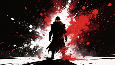 A silhouetted warrior stands boldly in the center, surrounded by dynamic splashes of red, white, and black, creating a dramatic and intense atmosphere. The vibrant colors and sharp contrasts evoke a sense of power and mystery.