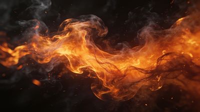A vivid display of fiery orange and red flames twists and dances against a dark background, creating an intense and elegant atmosphere. The swirling patterns of the flames evoke a sense of dynamic movement and energy.