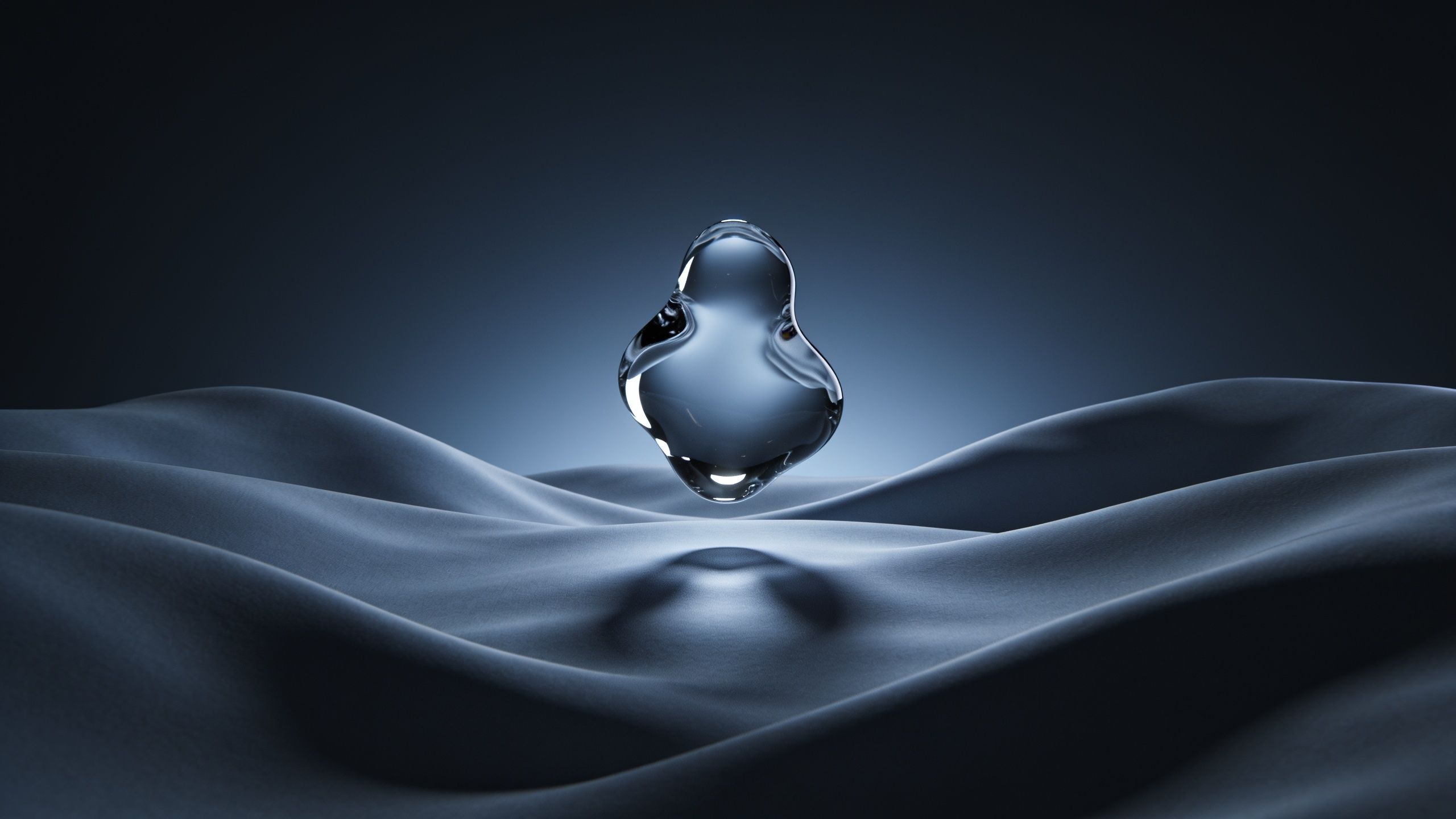 A smooth, transparent glass orb floats serenely above dark, undulating waves, creating a mysterious and tranquil atmosphere against a deep blue backdrop.