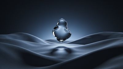 A smooth, transparent glass orb floats serenely above dark, undulating waves, creating a mysterious and tranquil atmosphere against a deep blue backdrop.