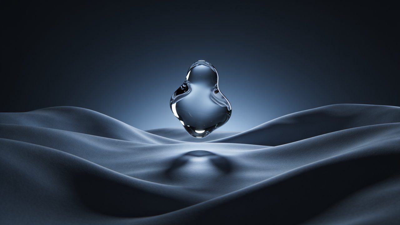 A smooth, transparent glass orb floats serenely above dark, undulating waves, creating a mysterious and tranquil atmosphere against a deep blue backdrop.