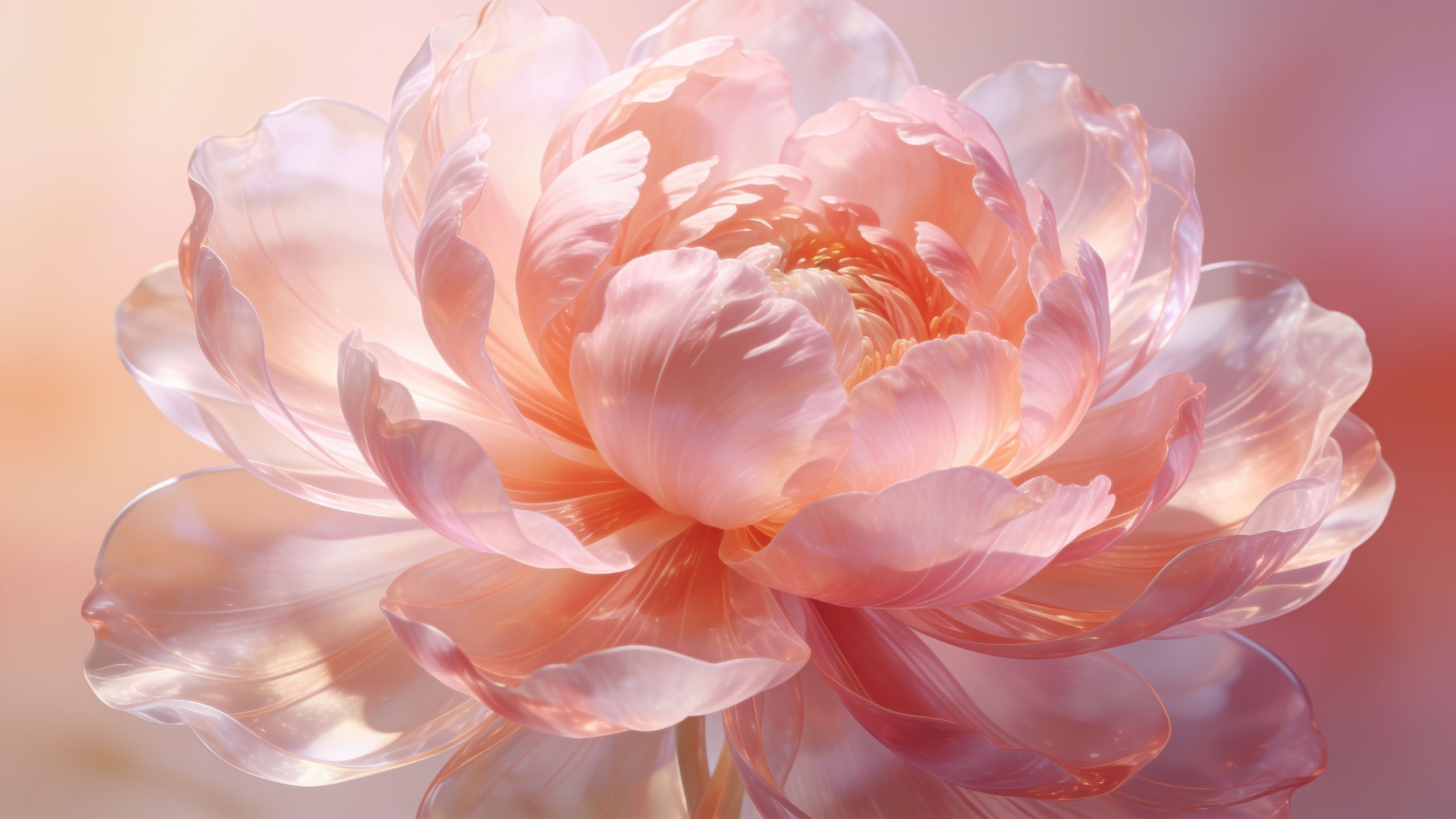 A delicate pink blossom is captured in soft, diffused light, showcasing its translucent petals and intricate details, creating a serene and calming atmosphere.
